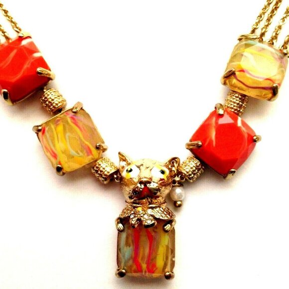 Les Nereides Fabulous Animal Cat And Multi Stone Necklace